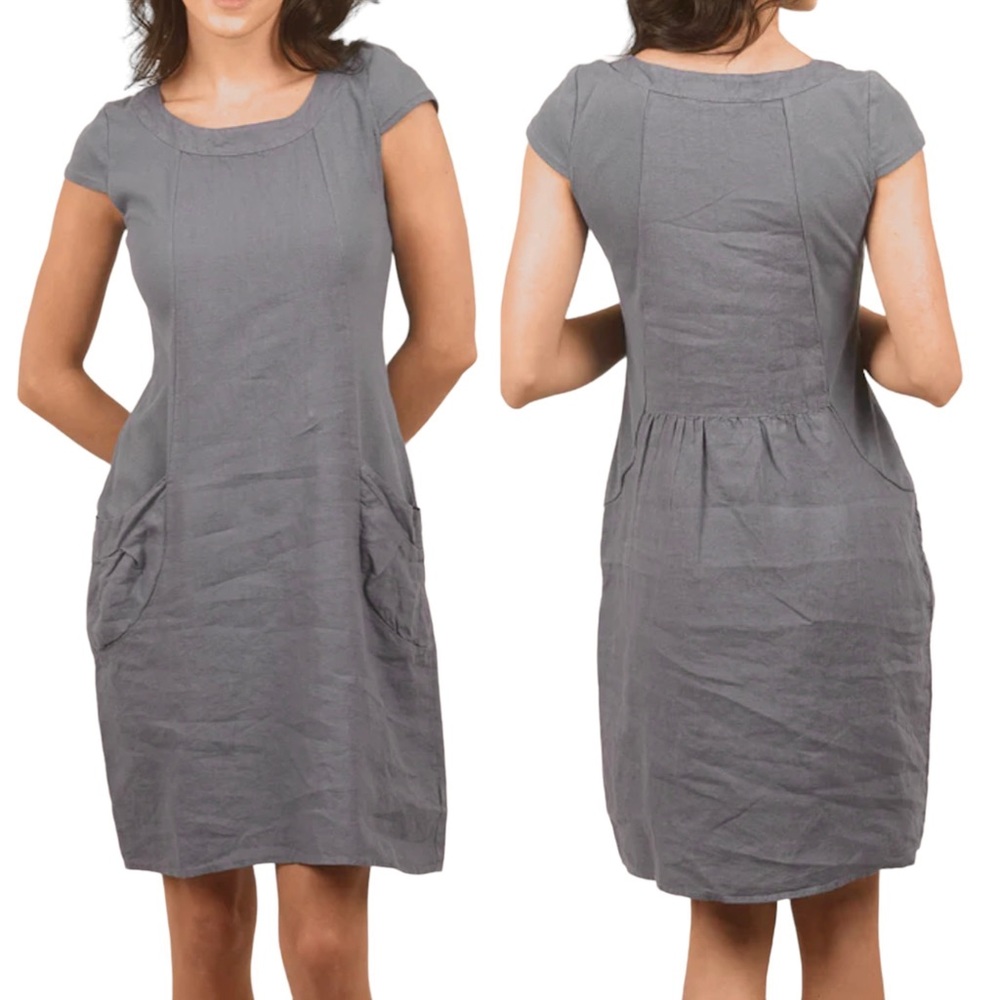 Luna Luz | Linen Ribbed Stretch Panel Cap Sleeve Dress Gray Size Large